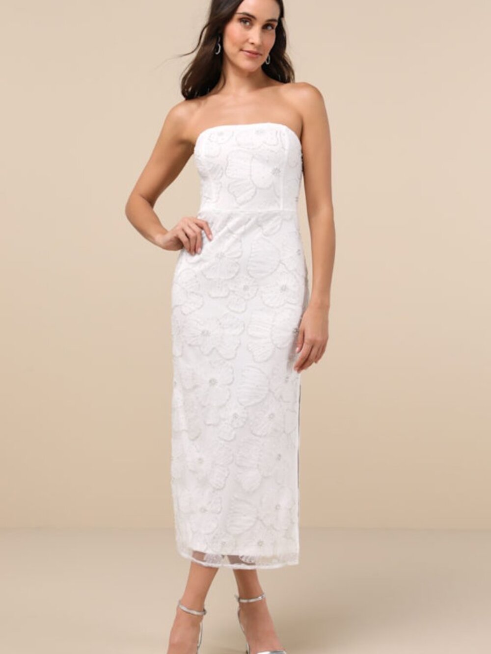 Lulus Loving Mentality White Tulle Beaded Strapless Midi Dress - Size M